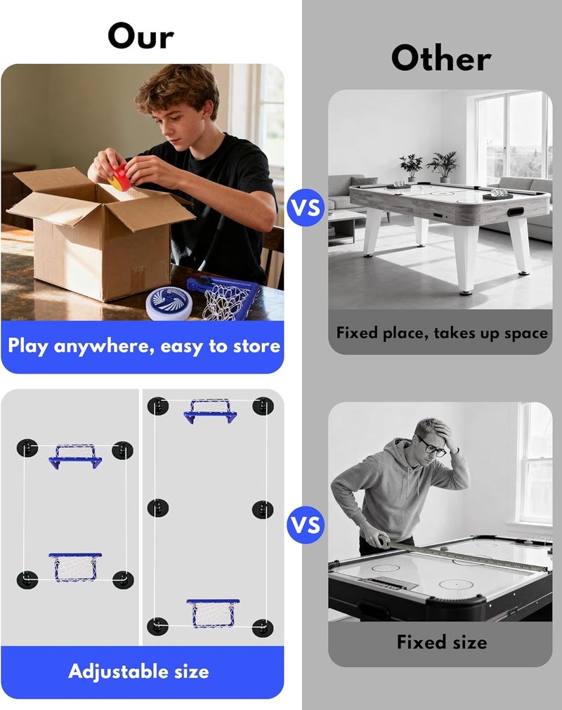 CT SPORTS Rechargeable Tabletop Air Hockey – Elastic Rope Rebound Boundaries with Adjustable Size, 2–4 Player Indoor Hockey Game with LED Pucks, Fun Party & Gift Idea - Image 2